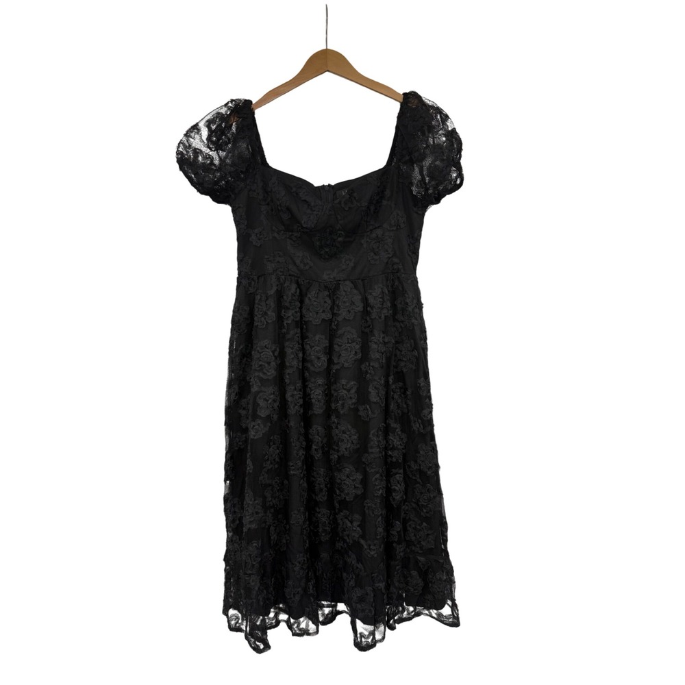 Lulus Black Floral Lace 3D Rosette Puff Sleeve Midi Dress XL Sweetheart Neckline